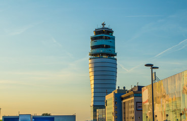 Airport traffic control tower at vienna International Airport on a clear sunny day. Austria.