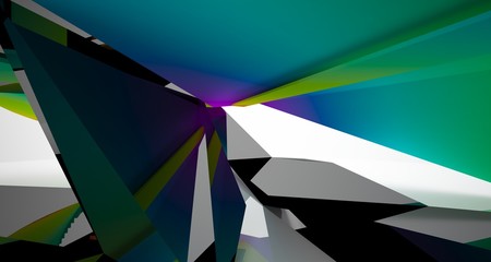 Abstract architectural black and color gradient gloss interior of a minimalist house with large windows. 3D illustration and rendering.