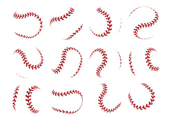 Baseball ball lace. Realistic softball stroke lines for sport logo and banners. Vector set isolated illustration thread lacing seam on white background