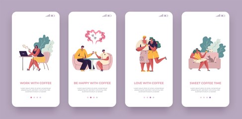 Coffee onboard screen. Trendy mobile application UI with cartoon characters drinking coffee and speaking. Vector web app template happy couple business mates in cafe