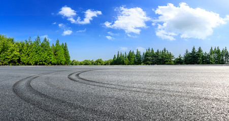 Asphalt race track and green woods nature landscape in summer