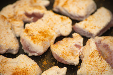 Sliced turkey with spices in a pan