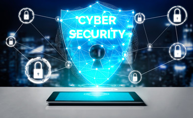 Cyber Security and Digital Data Protection Concept. Icon graphic interface showing secure firewall...