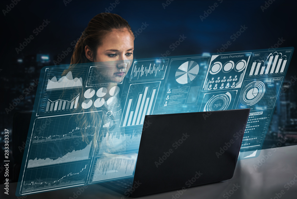 Poster big data technology for business finance analytic concept. modern graphic interface shows massive in