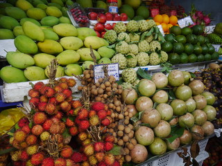 VIETNAM, SAIGON – December 22,2017: Many types of fresh fruit for sale  in Ben Thanh Market Ho Chi Minh City Vietnam.