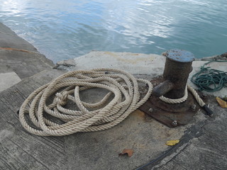 Fototapeta na wymiar Hemp rope for tying a boat to shore