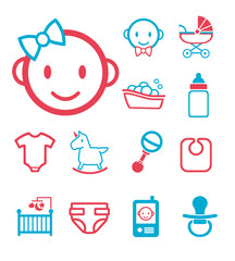 Vector icons set for creating infographics related to babies, toddlers and children, like milk bottle, toy rattle, baby bath, stroller or rocking horse