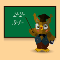 Obraz premium Character, Owl teacher conducts a lesson at the blackboard. Learn numbers to count. Illustration on a pink background