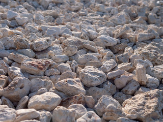 Sea pebbles from white shell rock. Background.