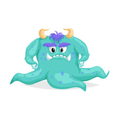 Fototapeta premium Cute cartoon blue monster. Scary character with tentacles. Octopus looking devil horned cephalopod. Halloween party symbol. Vector illustration isolated on white.
