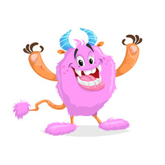 Cute cartoon cheerful pink monster. Big fluffed smiling face comic character with horns and tail. Halloween party symbol. Vector mascot isolated on white.