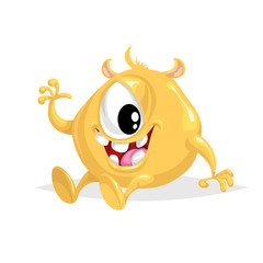 Cute cartoon cheerful spherical yellow monster. Single-eyed comic character waving. Halloween party symbol. Vector mascot isolated on white.