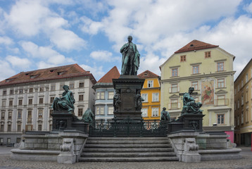 Erzherzog Johann fountain at Hauptplatz (main square), in Graz, Styria region, Austria.