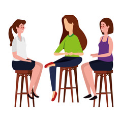 elegant businesswomen seated in benchs