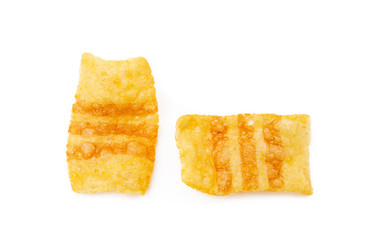 Fried wheat potato snack with smoked bacon flavor isolated on white background