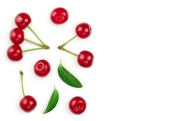 Some cherries with leaf closeup isolated on white background. With copy space for your text. Top view. Flat lay