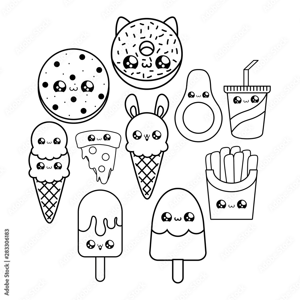 Wall mural set of delicious food and ice creams kawaii style