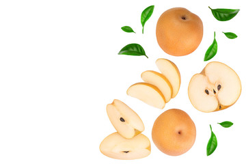 Fresh asian pear with leaves isolated on white background with copy space for your text. Top view.