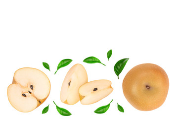 Fresh asian pear with leaves isolated on white background with copy space for your text. Top view.