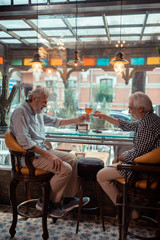 Fototapeta na wymiar Two grey-haired retired good-looking men drinking alcohol