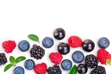 blackberry blueberry raspberry black currant isolated on white background with copy space for your text. Top view. Flat lay pattern