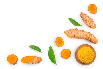 Turmeric powder and turmeric root isolated on white background with copy space for your text. Top view. Flat lay