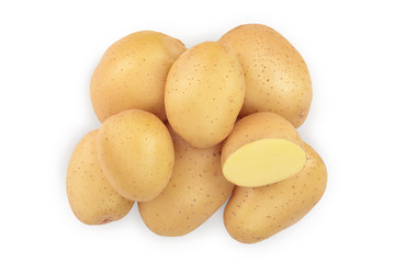 Young potato isolated on white background. Harvest new. Top view. Flat lay,