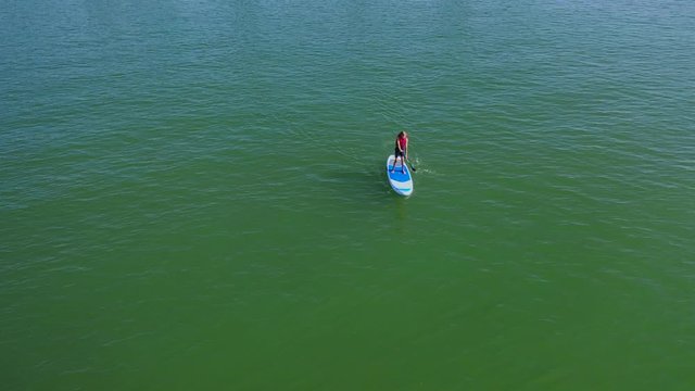 Aerial view of tenage boy Stand Up Paddling in the sea on beautiful sunny day