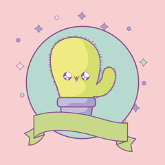 cactus tropical in frame circular with ribbon kawaii style