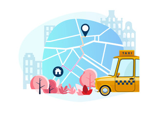 Service of the taxi. Concept of a taxi car. Flat vector illustration of yellow taxi car with the shortest route map to the house