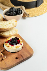 Close up view on grilled camembert with blackberry jam, nuts and chiabatta on grey background. Copy space. Cheese. Tasty food for lunch. Soft focus. Food for wine