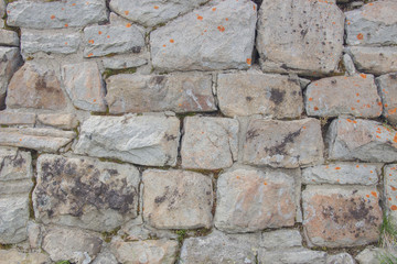 Brick wall overgrown with grass and moss. Pledged window with red brick..