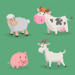 Fototapeta premium Cute cartoon farm animals set. Furry sheep, cow, pig and goat. Vector domestic characters illustration isolated on green background.