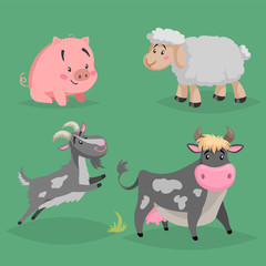 Cute cartoon farm animals set. Furry sheep, cow, pig sitiing and jumping goat. Vector domestic characters illustration isolated on green background.