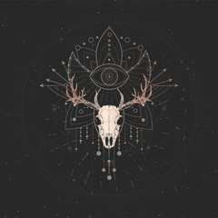 Vector illustration with hand drawn Deer skull and Sacred geometric symbol on black vintage background. Abstract mystic sign.