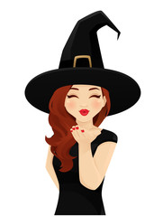 Halloween woman in witch costume blowing magic kiss isolated vector illustration