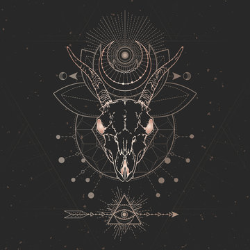 Vector illustration with hand drawn Goat skull and Sacred geometric symbol on black vintage background. Abstract mystic sign.