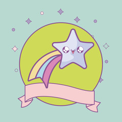 cute shooting star in frame circular with ribbon kawaii style