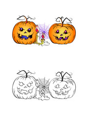 Halloween illustration with smiling Pumpkins, candle and web on a white background. Page of coloring book.