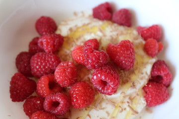 red raspberry with ice cream and honey