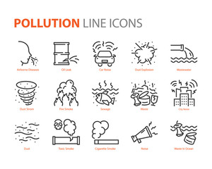set of pollution icons, smoke, leak, noise