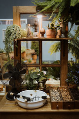 Rustic working table and shelf with gardening tools