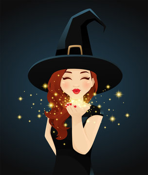 Halloween woman in witch costume blowing magic kiss on dark background vector illustration