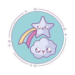 cute shooting star with cloud in frame circular kawaii style
