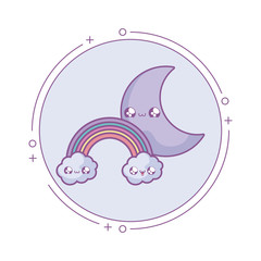 cute moon with rainbow in frame circular kawaii style