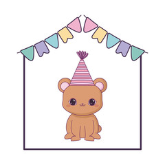 cute bear animal with hat party and garlands hanging