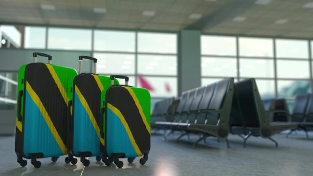 Travel suitcases with flag of Tanzania. Tanzanian tourism conceptual 3D animation