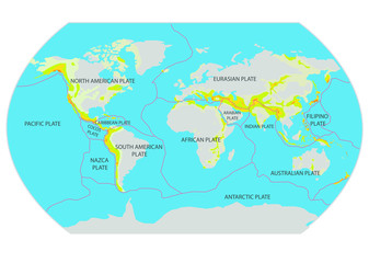  illustration on the theme of geography and cartography with a map of tectonic plates.