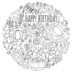 Vector set of cute creative illustration templates with birthday theme design. Hand Drawn for holiday, party invitations.