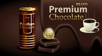 Chocolate drink tin can with chocolate and  dark brown color